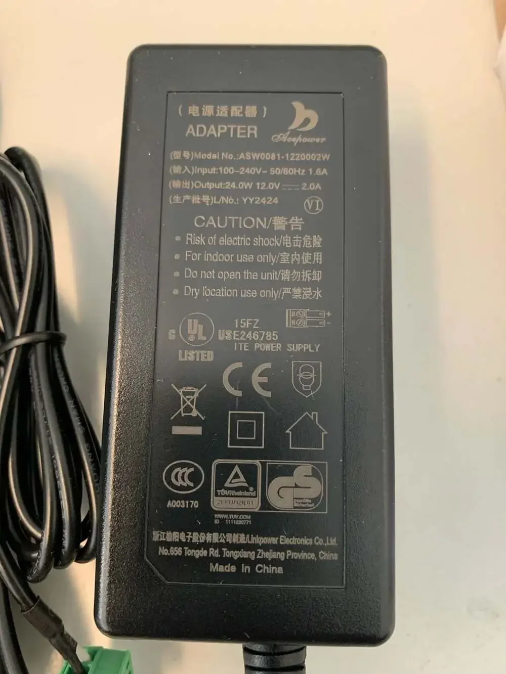 Acepower ASW0081-1220002W 12V 2A 24W Power Supply Adapter with Green Connector